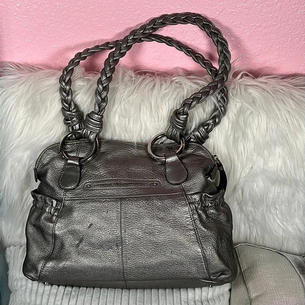 B. MAKOWSKI Pebbled Leather Hobo Bag A211928 Grey Pockets Braided Straps Classic